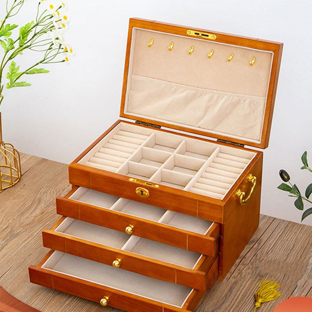 Buddha Stones Retro Solid Wood Jewelry Box Four-Layer Wooden Jewelry Storage Box