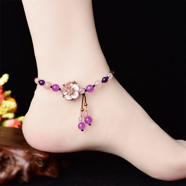 Buddha Stones Natural Amethyst Rose Quartz Crystal Charm Lucky Healing Anklet Anklet BS 3