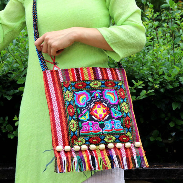 Buddha Stones Tibetan Handmade Embroidered Camellia Canvas Shoulder Bag Crossbody Bag Crossbody Bag BS 15