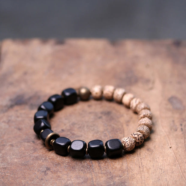 Buddha Stones Tibetan Bodhi Seed Black Obsidian Ebony Wood Copper Peace Bracelet