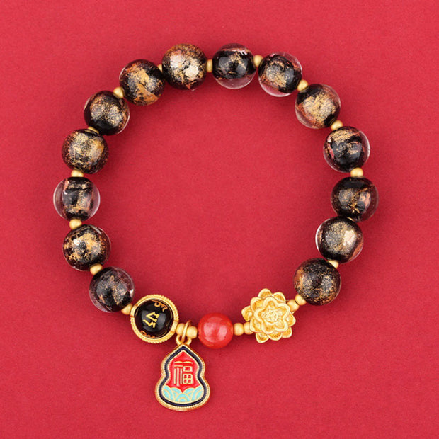 Buddha Stones Tibet Om Mani Padme Hum Fu Character Gourd Charm Lotus Liuli Glass Bead Luck Bracelet Bracelet BS 10mm Black Liuli Glass Bracelet(Wrist Circumference 14-16cm)
