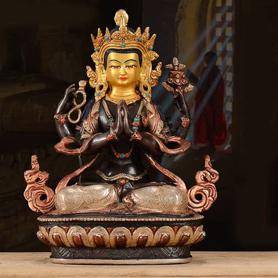 Buddha Stones Bodhisattva Chenrezig Four-armed Avalokitesvara Protection Copper Statue Decoration Decorations BS AVALOKITESVARA SYMBOL (Wealth ♥ Success)