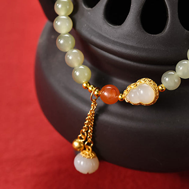 Buddha Stones 925 Sterling Silver Hetian Jade Gourd Lotus Abundance Luck Bracelet Bracelet BS 12