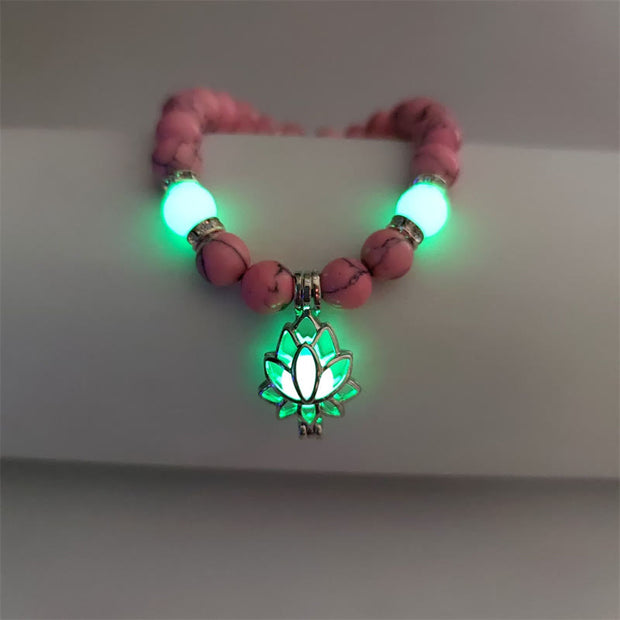 Buddha Stones Tibetan Turquoise Glowstone Luminous Bead Lotus Protection Bracelet Bracelet BS Pink Turquoise Green Light