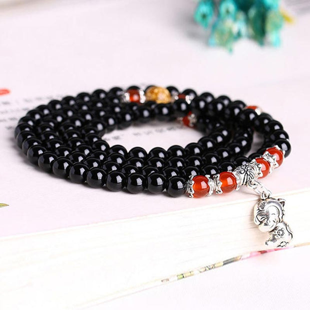 Chinese Zodiac 108 Beads Black Obsidian Red Agate Mala Bracelet Mala Bracelet BS 14