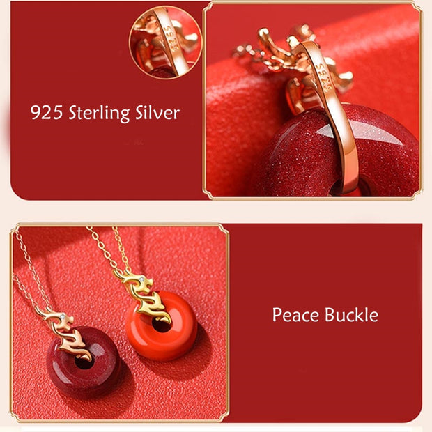 Buddha Stones Year of the Dragon 925 Sterling Silver Natural Cinnabar Peace Buckle Luck Necklace Pendant