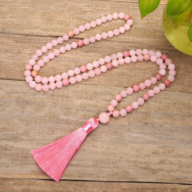 Buddha Stones 108 Mala Beads Pink Crystal Love Tassel Bracelet Mala Bracelet BS 7