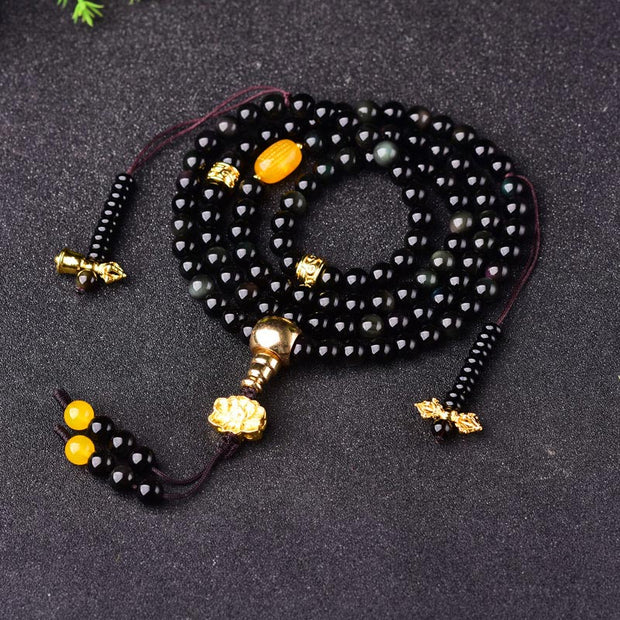 Buddha Stones 108 Beads Natural Black Obsidian Lotus Fulfilment Mala Bracelet Bracelet Mala BS 10mm