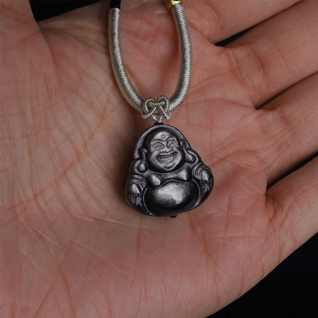 Buddha Stones Natural Silver Sheen Obsidian Laughing Buddha Protection Necklace Pendant Necklaces & Pendants BS 6
