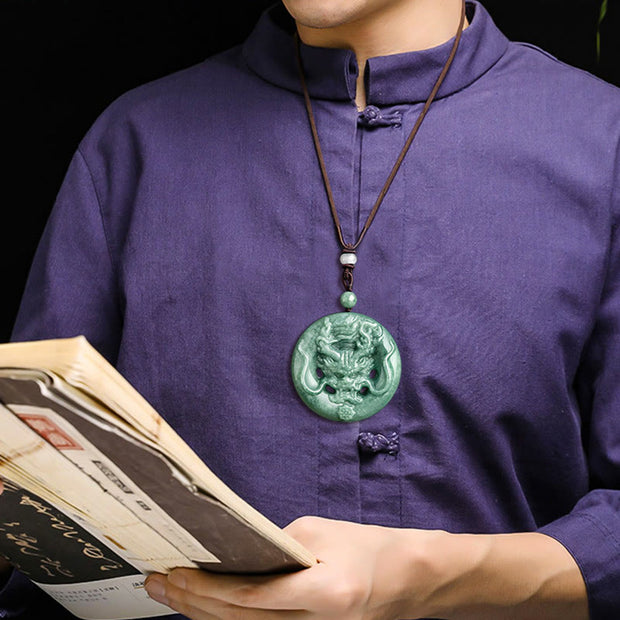 Buddha Stones Round Dragon Natural Jade Success Amulet Necklace Pendant Necklaces & Pendants BS 7