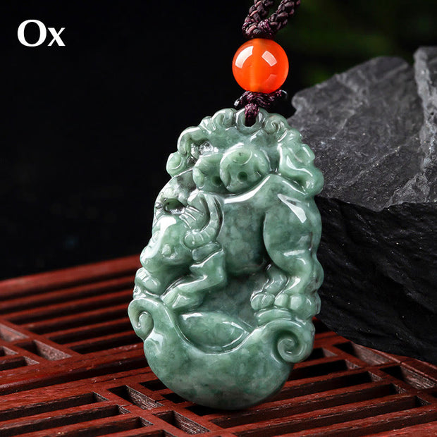 Buddha Stones Natural Jade 12 Chinese Zodiac Prosperity Necklace Pendant Necklaces & Pendants BS Ox