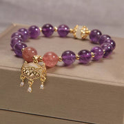 Buddha Stones Natural Amethyst Strawberry Quartz Cat Eye Chinese Lock Charm Healing Bracelet