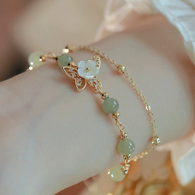 Buddha Stones 14K Gold Plated Jade Butterfly Tridacna Stone Flower Double Layer Luck Bracelet