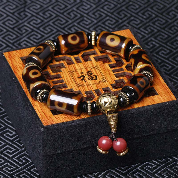 Buddhastoneshop Tibetan Nine-Eye Dzi Bead Fortune Charm Bracelet