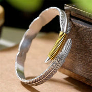 Buddha Stones Feather Pattern Engraved Luck Cuff Bracelet Bangle