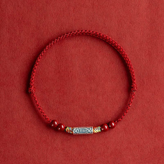 Buddha Stones 925 Sterling Silver Koi Fish Cinnabar Bead Wealth Handcrafted Braided Bracelet Anklet Bracelet Anklet BS Anklet(Circumference 17-30cm) Dark Red Rope