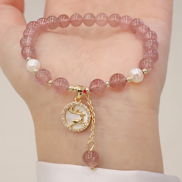Buddha Stones Strawberry Quartz Pearl Elk Smiley Face Fishtail Fu Character Charm Healing Bracelet Bracelet BS 4