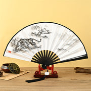 Buddha Stones Vintage Phoenix Nine-Tailed Fox Flower Bamboo Tiger Handheld Folding Fan Lotus Tassel Fan