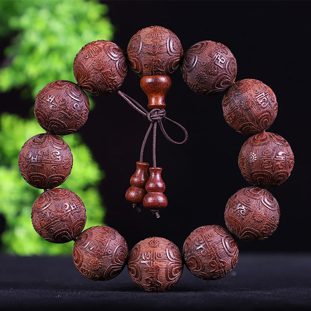 Buddha Stones Chinese Zodiac Rosewood Ebony Boxwood Copper Coin PiXiu Carved Warmth Bracelet Bracelet BS Red Sandalwood Om Mani Padme Hum