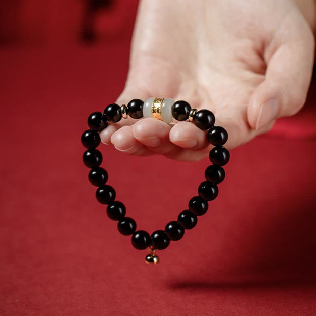 Buddha Stones Black Obsidian Jade Om Mani Padme Hum Strength Couple Magnetic Bracelet Bracelet BS 7