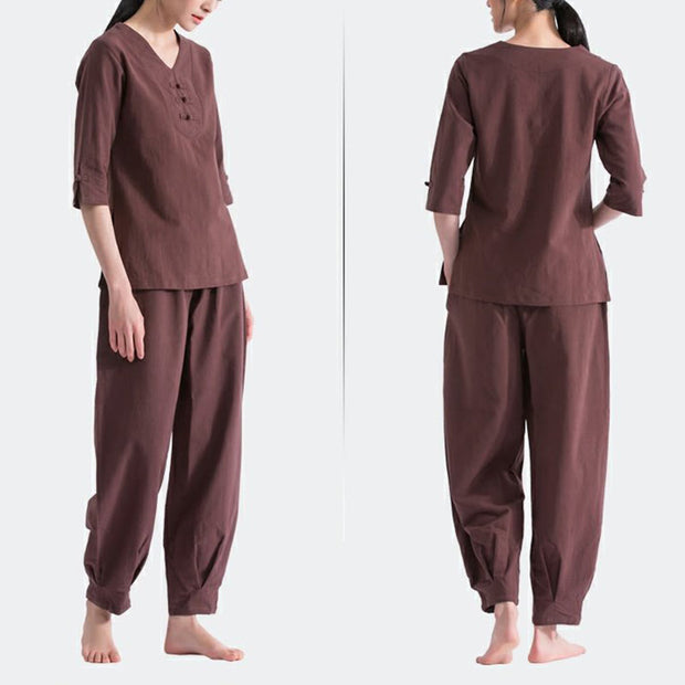 Buddha Stones Yoga Meditation Prayer V-neck Design Cotton Linen Clothing Uniform Zen Practice Women's Set