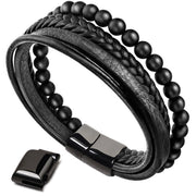 Buddha Stones Natural Lava Rock Black Onyx Bead Leather Bracelet Bracelet BS 9