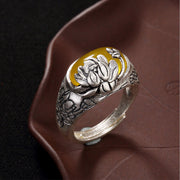 Buddha Stones Silver Citrine Lotus Blessing Protection Adjustable Ring Rings BS Silver&Citrine