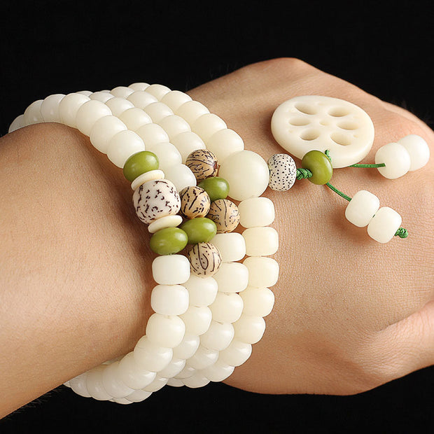 Buddha Stones White Bodhi Seed Mala 108 Beads Luck Bracelet Bracelet BS 3