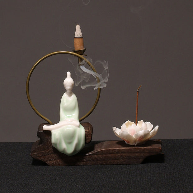 Buddha Stones Ceramic Lotus Healing Meditation Incense Burner Decoration