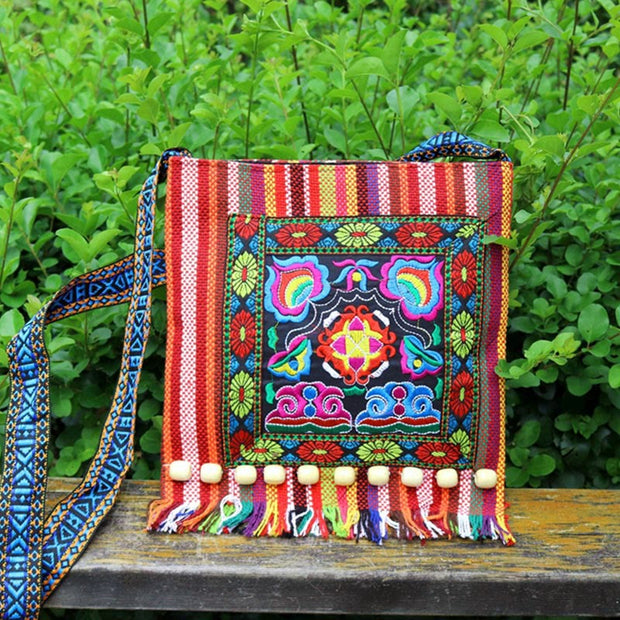 Buddha Stones Tibetan Handmade Embroidered Camellia Canvas Shoulder Bag Crossbody Bag Crossbody Bag BS 14