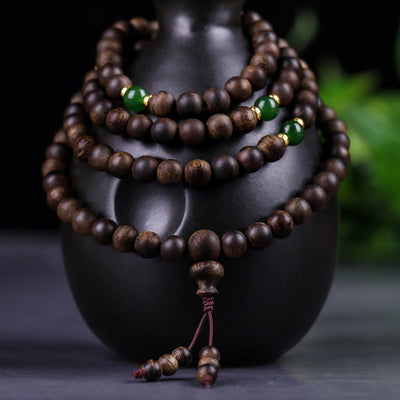 Buddha Stones 108 Mala Beads Indonesia Tarakan Rare Agarwood Cyan Jade Ward Off Evil Spirits Bracelet Bracelet Mala BS 5mm*108