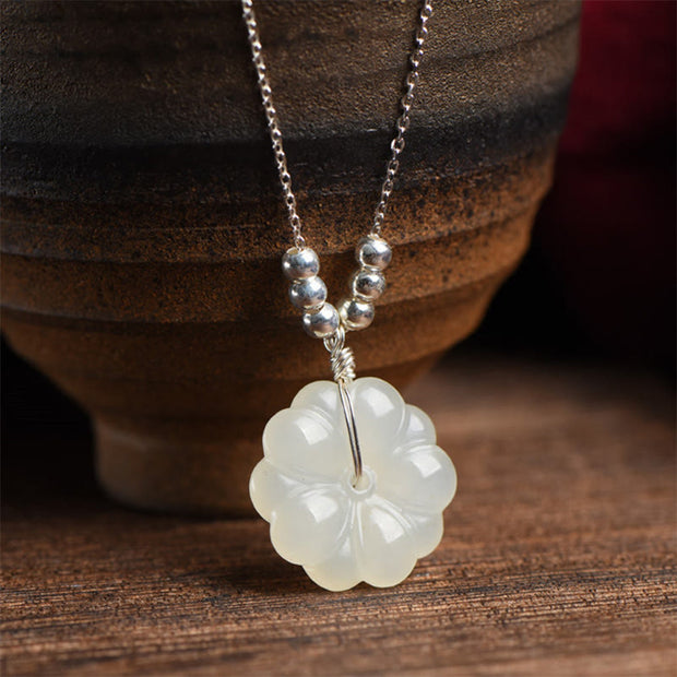 Buddha Stones 925 Sterling Silver Hetian White Jade Cosmos Flower Happiness Necklace Pendant Necklaces & Pendants BS 1