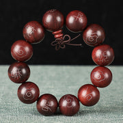 Buddha Stones 925 Sterling Silver Inlaid Small Leaf Red Sandalwood Om Mani Padme Hum Character Auspicious Clouds Protection Bracelet