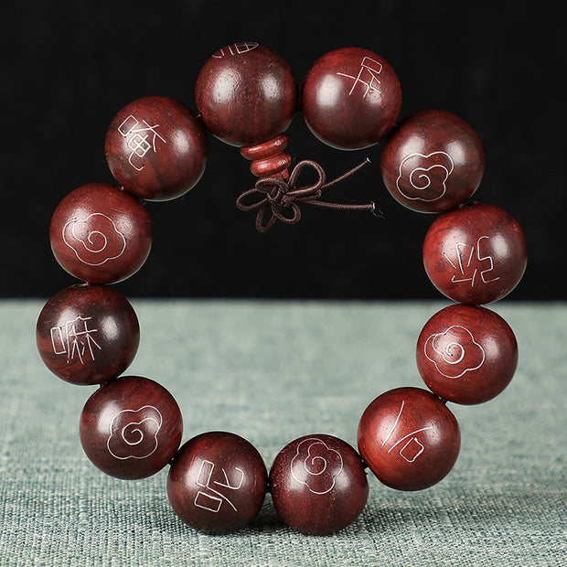 Buddha Stones 925 Sterling Silver Inlaid Small Leaf Red Sandalwood Om Mani Padme Hum Character Auspicious Clouds Protection Bracelet Bracelet BS 16