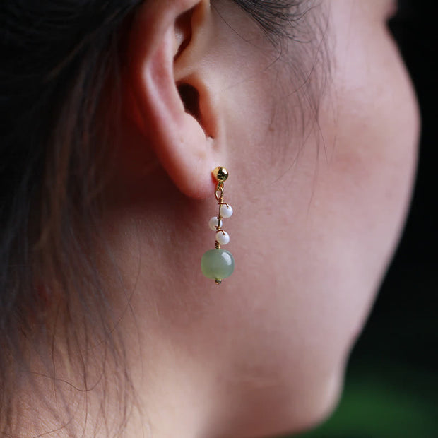 Buddha Stones Hetian Jade Flower Pattern 14K Gold Plated Luck Drop Dangle Earrings Earrings BS 7