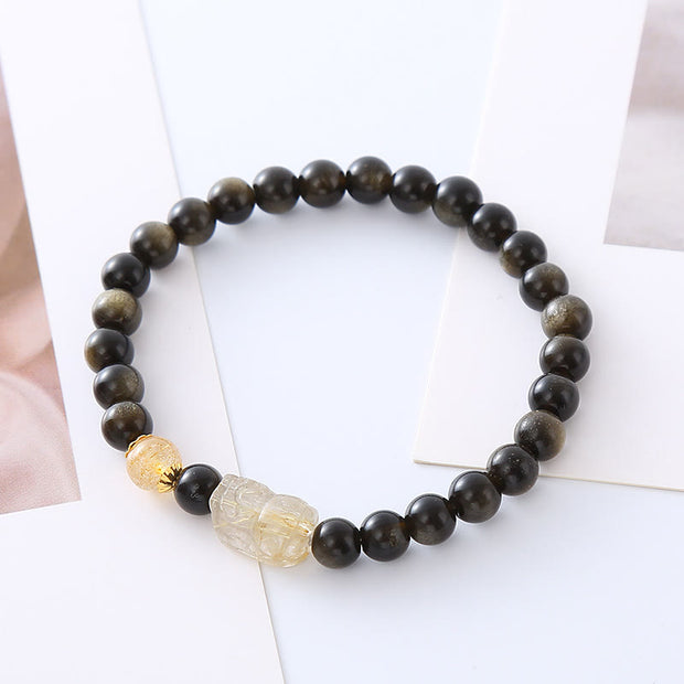 Buddha Stones Natural Gold Sheen Obsidian PiXiu Wealth Protection Bracelet