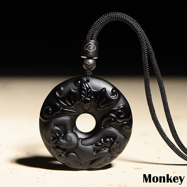 Buddha Stones Chinese Zodiac Natural Black Obsidian Peace Buckle Strength Necklace Pendant Necklaces & Pendants BS Monkey