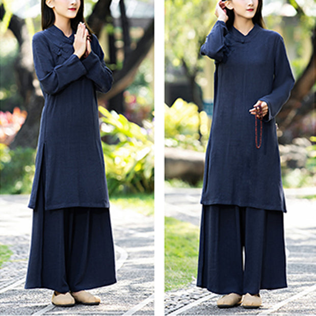 Buddha Stones 2Pcs Plain Long Sleeve Zen Yoga Clothing Meditation Clothing Top Pants Women's Set Clothes BS 11