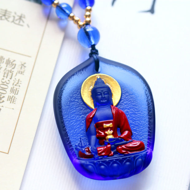 Buddha Stones Tibet Medicine Buddha Liuli Crystal Compassion Necklace Pendant Necklaces & Pendants BS Blue Medicine Buddha