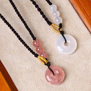 Buddha Stones Strawberry Quartz Chalcedony Peace Buckle Healing Necklace Pendant