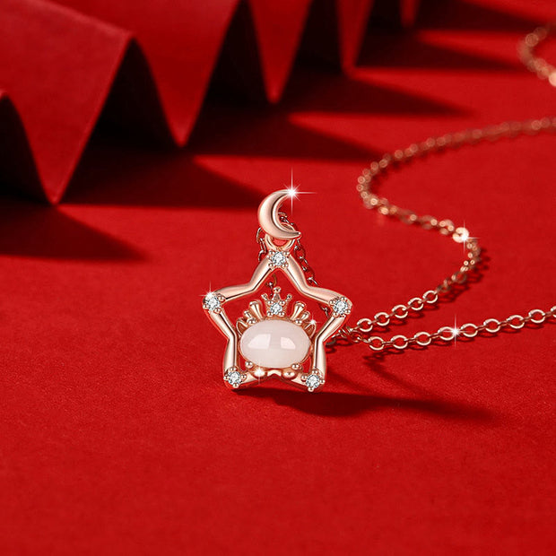 Buddha Stones 925 Sterling Silver Year of the Dragon Hetian White Jade Crescent Moon Star Zircon Dragon Luck Necklace Pendant