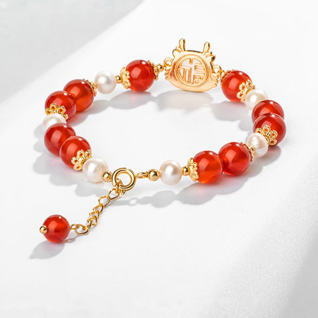 Buddha Stones 14K Gold Plated Year Of The Dragon Natural Red Agate Pearl Protection Fu Character Chain Bracelet Bracelet BS 4