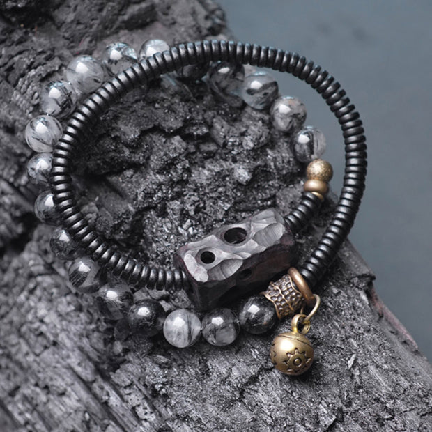 Buddha Stones Black Rutilated Quartz Ebony Wood Copper Wisdom Couple Bracelet Bracelet BS 3