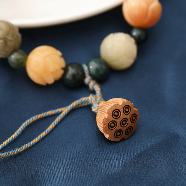 Buddha Stones Bodhi Seed Lotus Bead Engraved Moss Agate Peace Calm Bracelet Bracelet BS 4