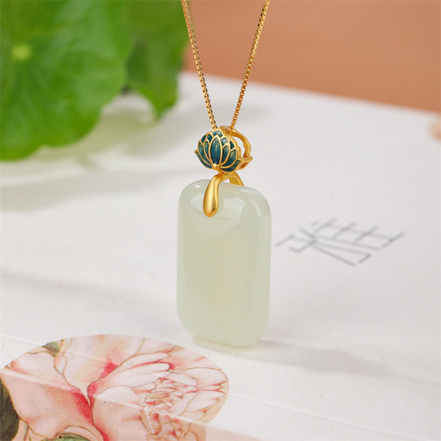 Buddha Stones 925 Sterling Silver Plated Gold Natural Square Hetian Jade Lotus Flower Prosperity Necklace Pendant Necklaces & Pendants BS 4