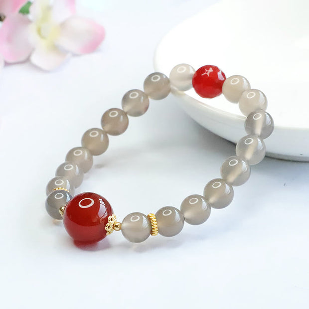 Buddha Stones Natural Gray Chalcedony Red Agate Harmony Bracelet Bracelet BS 4
