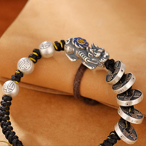 Buddha Stones 999 Sterling Silver FengShui PiXiu Copper Coin Fu Character Wealth Braided Bracelet