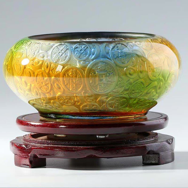 Buddha Stones Handmade Liuli Crystal Treasure Bowl Ingots Art Piece Home Decoration
