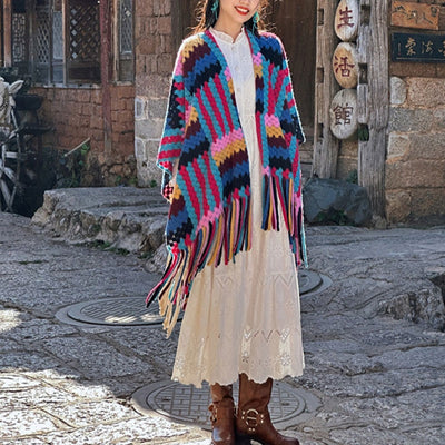 Buddha Stones Tibetan Shawl Candy Color Braided Pattern Winter Cozy Travel Knitted Tassel Scarf Wrap