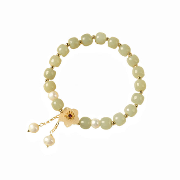 Buddha Stones Hetian Jade Flower Pearl Happiness Abundance Bracelet Bracelet BS 7